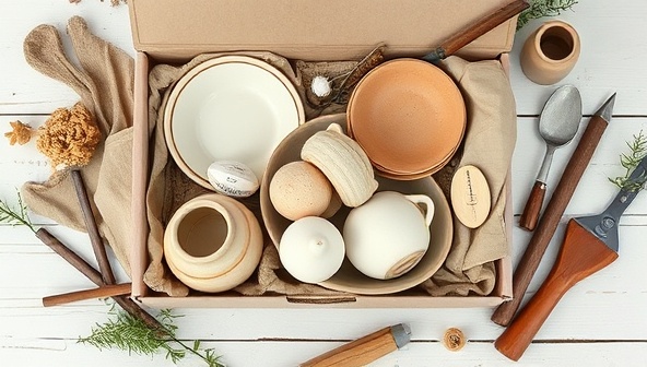 An artisanal subscription box filled with beautifully crafted ceramics, textiles, and handcrafted goods, surrounded by natural elements and artisan tools, creating a sensory and tactile experience that celebrates local craftsmanship and creativity.