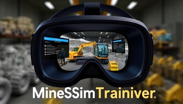 An engaging visual representation of a virtual reality headset displaying a realistic mining simulation environment with equipment controls and safety instructions, creating an impactful learning experience through MineSimTrainer.