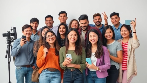 An image of a diverse group of influencers posing with telecommunications products and devices, engaging with their audience on social media platforms, symbolizing the impact and reach of influencer marketing in the telecommunications industry.
