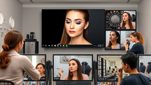 An online classroom setting with a makeup artist conducting a virtual tutorial on a vibrant eyeshadow look, with a diverse group of students following along on their own makeup stations, showcasing the interactive nature of the eGlam Academy courses.