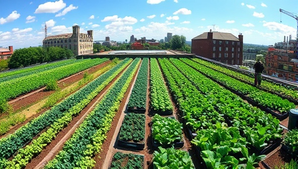 A panoramic view of a lush rooftop farm filled with rows of vibrant crops under the open sky, with members of the co-op engaged in planting and harvesting activities, surrounded by city buildings and greenery, illustrating a harmonious blend of urban living and sustainable agriculture.