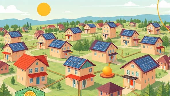 An illustration showcasing a network of interconnected homes with solar panels exchanging energy, symbolizing community collaboration and sustainable energy sharing, set against a backdrop of a vibrant and eco-friendly neighborhood.