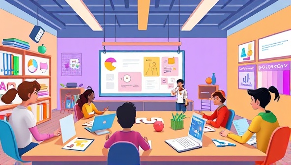An illustration of a virtual design workshop within DesignQuest, featuring animated characters participating in creative challenges, exchanging design ideas, and receiving feedback in a vibrant and dynamic online learning environment.