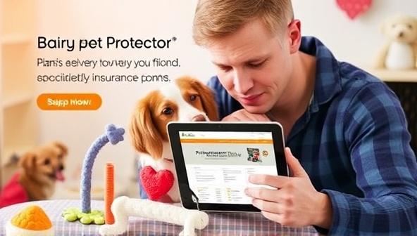 A heartwarming image of a pet owner cuddling their pet while looking at a tablet displaying the PawProtector Plans website, surrounded by pet toys and accessories, symbolizing care and protection for beloved furry friends through specialized insurance plans.