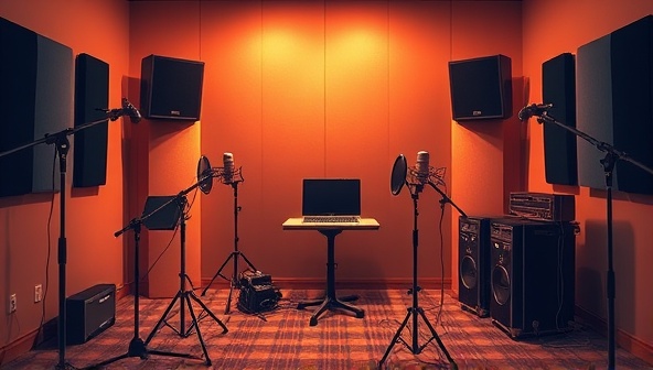 An artistic representation of a podcast studio setup with microphone stands, soundproofing panels, and audio recording equipment, creating a cozy and professional environment for producing captivating audio stories and immersive narratives in the podcast network.