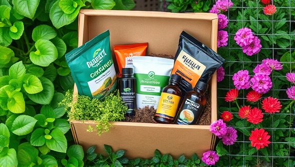 An image of a beautifully curated box filled with different organic fertilizers, compost, and plant care products, surrounded by lush green plants and flourishing flowers, evoking a sense of sustainable gardening and natural beauty.