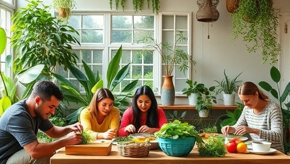 An inspiring and informative image featuring a virtual workshop on sustainable living, with diverse participants engaging in hands-on activities like upcycling, composting, and plant-based cooking, set against a backdrop of lush greenery and eco-friendly decor, conveying a sense of community and environmental stewardship.