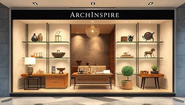 An elegant digital storefront showcasing a variety of unique architectural products and design accessories, arranged in a visually appealing and harmonious display, reflecting the sophisticated and curated offerings of ArchInspire.