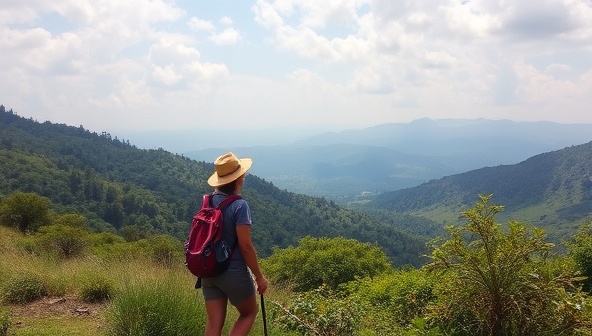 A scenic nature landscape with a traveler engaged in sustainable travel activities like hiking, wildlife observation, and eco-friendly accommodations, surrounded by lush greenery, clean air, and natural beauty, embodying harmony with nature and eco-conscious exploration.