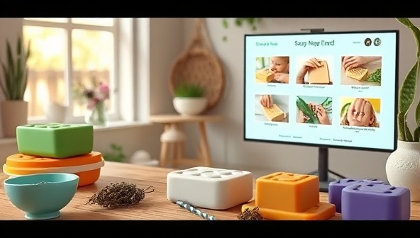 A serene and aromatic setting with a virtual soap making workshop in progress, showcasing colorful soap molds, natural ingredients like herbs and essential oils, and a digital screen displaying soap crafting steps, inviting viewers to join the creative process.