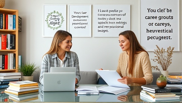 A remote career coaching session with a coach and a client discussing career goals and reviewing professional documents, surrounded by career development books, industry insights, and motivational quotes, creating a focused and supportive atmosphere.