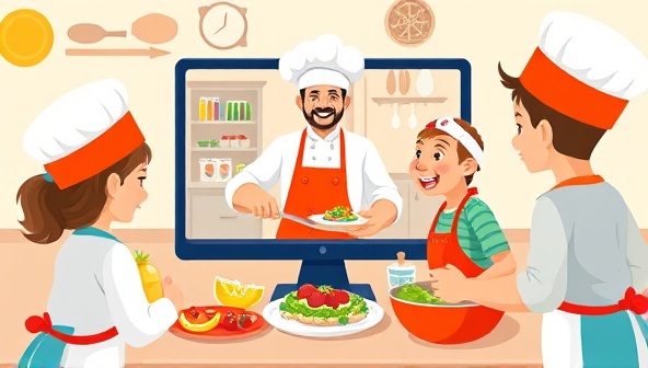 A colorful and playful visual of a virtual cooking class session with children wearing chef hats and aprons, interacting with a chef instructor on a computer screen while preparing fun and nutritious dishes, capturing the joy and learning experience of ChefKids Connect's virtual culinary programs for kids.