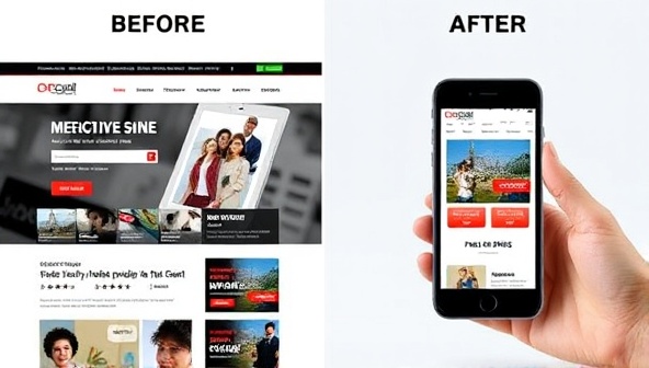 A split-screen display showing a website before and after mobile optimization, with the optimized version featuring a responsive layout, fast loading speeds, and user-friendly navigation on a mobile device, illustrating the transformative impact of mobile optimization on user experience and site performance.