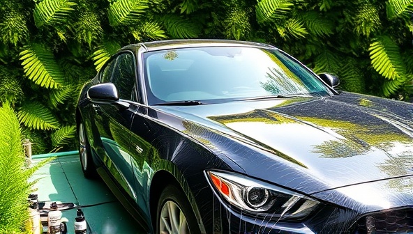 A lush green environment with a shiny, clean car surrounded by eco-friendly car wash products and reusable cleaning materials, highlighting the eco-conscious approach of the service.