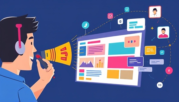 An illustration of a user dictating design changes to a website interface, with colorful voice waves transforming into web elements like buttons and images, illustrating the seamless integration of voice commands in web design with VoxWeb Design.