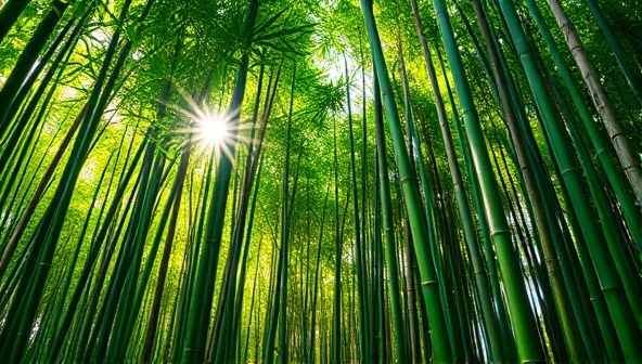 A vibrant and green bamboo forest with the sun shining through the leaves, showcasing the raw beauty and sustainability of bamboo as a resource.