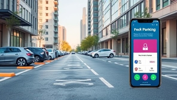An urban streetscape with colorful IoT sensors embedded in parking spaces, accompanied by a mobile app interface displaying real-time parking availability, illustrating the seamless and tech-driven parking management system offered by ParkWise Tech.