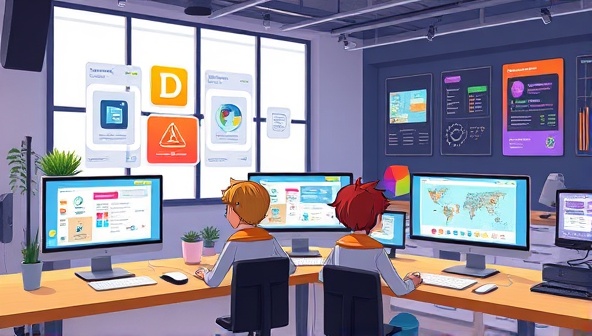 An artistic representation of a virtual design studio environment with animated characters working on design quests and challenges on computer screens, showcasing the gamified and interactive nature of the DesignQuest Academy learning platform.