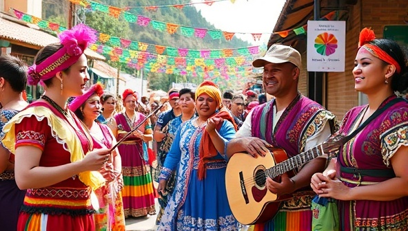 A vibrant cultural celebration with colorful traditional costumes, lively music, and local artisans showcasing their crafts, capturing the essence of cultural immersion and community connection with Culture Connect Experiences.