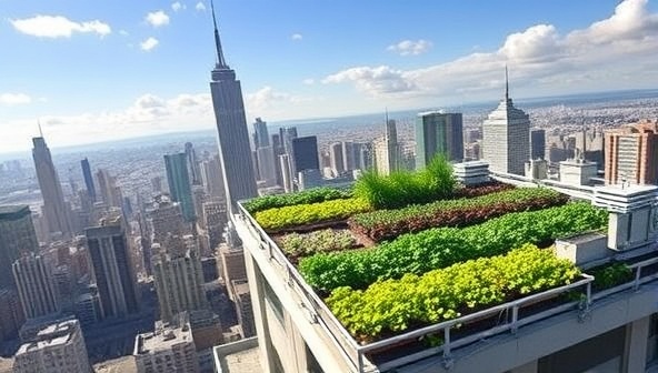 An urban skyline view featuring a lush rooftop farm with diverse crops, solar panels, and rainwater harvesting systems, illustrating the potential of sustainable urban agriculture and green rooftops envisioned by SkyHarvest Urban Farms.