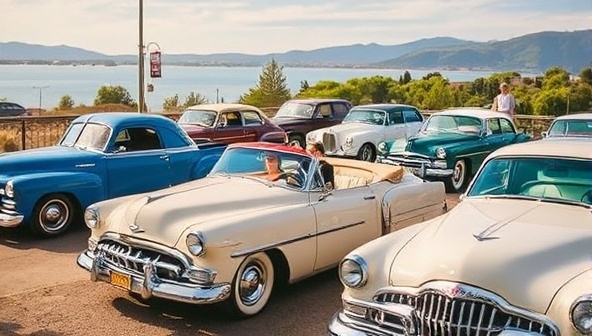 A collection of vintage cars parked in a scenic location, showcasing the timeless elegance and charm of the RetroRide Rentals fleet, with a couple dressed in vintage attire enjoying a nostalgic joyride in one of the classic cars.