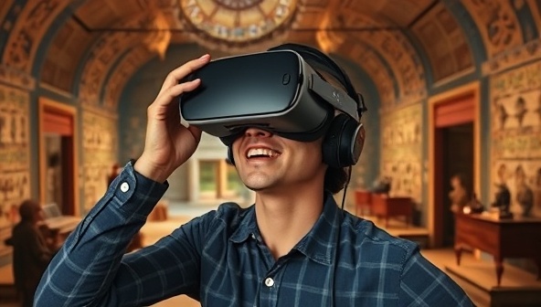 An evocative visual of a user wearing a VR headset, exploring an ancient civilization through a virtual reality history tour, surrounded by historical artifacts and interactive elements, conveying the immersive and educational nature of HistoryScope.
