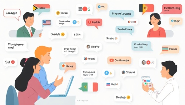 An inclusive visual representation of a virtual language exchange session with diverse participants conversing in different languages, sharing cultural insights, and using digital language tools for translation and pronunciation practice, fostering a welcoming and interactive language learning environment for users worldwide.