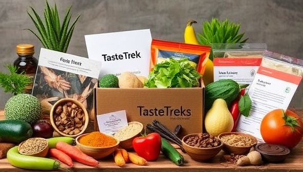 An appetizing visual representation of TasteTrek's culinary subscription box, featuring a vibrant array of exotic spices, fresh produce, and recipe cards from different regions, evoking a sense of culinary exploration and global flavors waiting to be discovered by subscribers, enticing them to embark on a TasteTrek adventure.