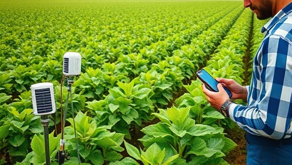 An array of IoT monitoring devices installed across a lush green field, collecting data on soil conditions and crop health, with a farmer checking the real-time metrics on a mobile app, showcasing the precision and advanced technology of IoT FarmTech.
