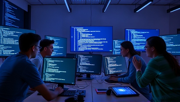 A dynamic virtual coding bootcamp session with participants collaborating on a coding project, surrounded by computer screens displaying lines of code and tech-related visuals, creating an immersive and interactive learning environment.