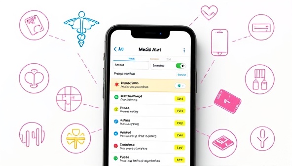 An image of a smartphone screen displaying the MedAI Alert app interface, showing a medication list with color-coded alerts for drug interactions, surrounded by medical icons conveying safety and health monitoring.