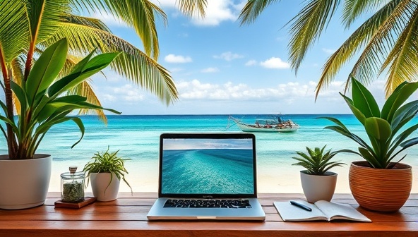 An inspiring digital nomad setup with a laptop, tropical beach background, and a plant-filled workspace, showcasing the blend of work and wanderlust in a remote workation setting, promoting productivity and relaxation in a travel-friendly environment.