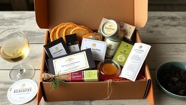 An artistic image of a beautifully arranged tasting box filled with an assortment of gourmet items, accompanied by tasting notes, cultural anecdotes, and a virtual event invitation, creating a sense of anticipation and exploration.
