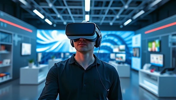 An immersive VR showroom environment featuring a user wearing a headset, interacting with digital products displayed in a futuristic virtual space, highlighting the platform's innovation and experiential benefits.