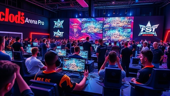 An energetic and competitive gaming atmosphere with players immersed in intense matches on screen, cheered by a virtual audience, and surrounded by branding elements of eSports Arena Pro, creating a vibrant and engaging esports experience.