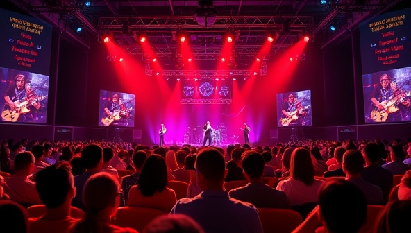 A virtual concert stage with a crowd of avatars enjoying a live performance by a virtual band, with interactive features like virtual light shows, chat rooms, and fan interactions, showcasing the immersive and engaging concert experience of VR Concert Realm.