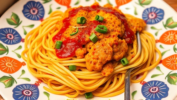 A vibrant dish blending Italian spaghetti with Indian curry, garnished with Mexican spices, served on a beautifully decorated plate, showcasing the colorful fusion of flavors and cultures.