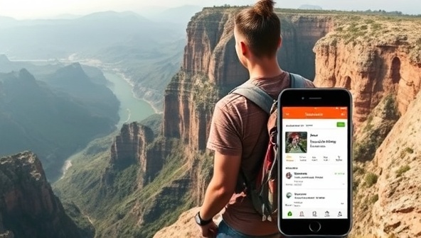 An adventurous solo traveler standing on a majestic cliff overlooking a breathtaking natural landscape, with a backpack and a smartphone displaying the SoloVenture app interface, featuring personalized travel recommendations and nearby points of interest, inspiring solo explorers to embrace the thrill of independent travel with confidence and ease.