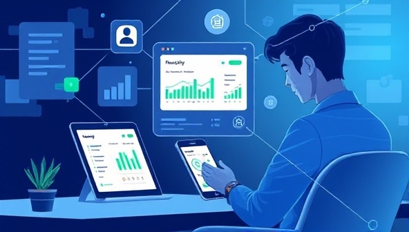 An advanced digital illustration depicting a user engaging with the FinSavvy AI assistant on multiple devices, analyzing financial data and receiving personalized recommendations, showcasing the convenience and efficiency of AI-powered financial management.
