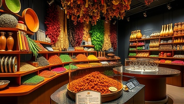 An immersive food exhibit within the museum, featuring a vibrant display of colorful spices, exotic fruits, and cooking utensils, with interactive stations where visitors can smell, touch, and taste different ingredients, creating a sensory feast for the senses.