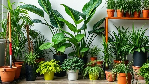 An aesthetically pleasing indoor plant corner with a variety of lush green plants, decorative pots, and gardening tools, creating a serene and inviting space that embodies the essence of plant care and expertise.