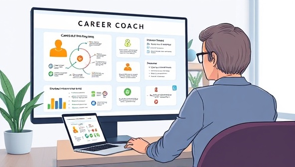 A dynamic digital illustration of a career coach providing virtual guidance to a client on career planning and goal setting, with interactive career maps, skill-building exercises, and professional networking tools displayed on-screen, creating a motivational and empowering coaching experience.