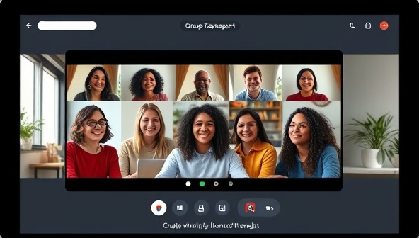 An online platform interface showing a diverse group of individuals participating in a virtual group therapy session, facilitated by a licensed therapist, creating a supportive and inclusive virtual community for mental health support.