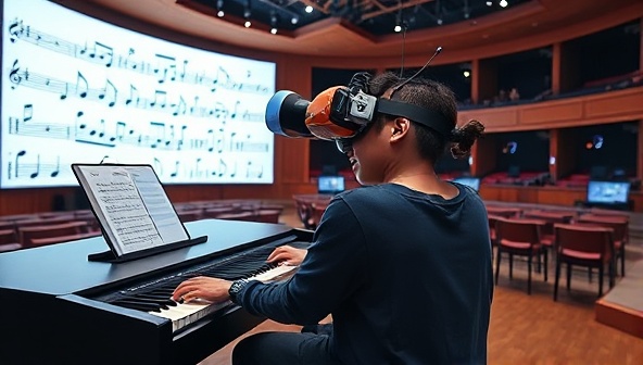 A virtual reality music studio scene with a student wearing a VR headset, playing a digital piano in a simulated concert hall filled with animated musical notes and interactive learning tools, illustrating the immersive and educational experience of Virtuoso VR Academy.