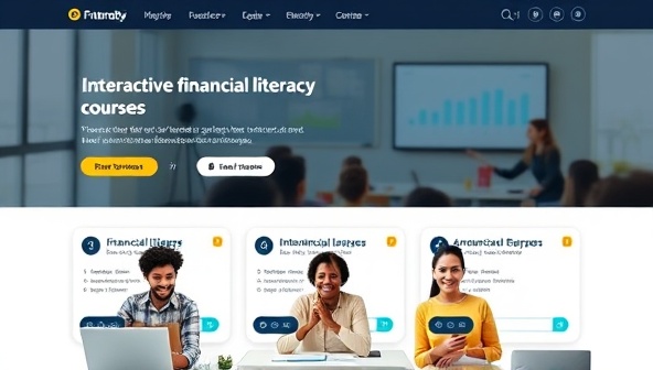 An online learning platform interface displaying a diverse group of students engaging with interactive financial literacy courses, with progress trackers, achievement badges, and a virtual classroom setting, creating a dynamic and immersive learning experience for users.