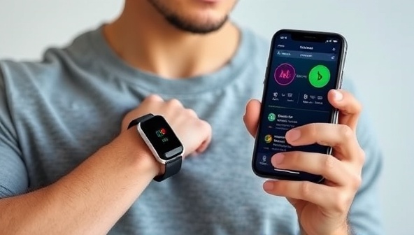 An individual wearing a sleek wearable health monitor that seamlessly integrates with a smartphone app, displaying real-time health data and personalized health recommendations, illustrating the convenience and advanced technology of the product.