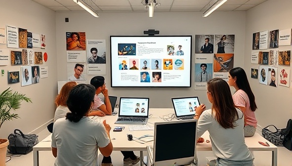 A virtual workshop setting with diverse participants engaging in a collaborative web design project, surrounded by digital tools and inspirational design boards, fostering a creative and interactive learning environment.
