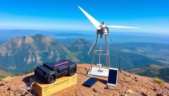 An outdoor adventure scene featuring a portable wind turbine charger set up on a mountaintop, capturing wind energy with a backdrop of a scenic landscape, mobile devices being charged by the turbine, illustrating sustainability and off-grid power solutions in remote locations.