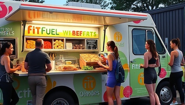 A vibrant and colorful image of a food truck with a variety of healthy dishes and snacks displayed on the counter, with customers in workout attire lining up, showcasing the FitFuel Wheels mobile concept.
