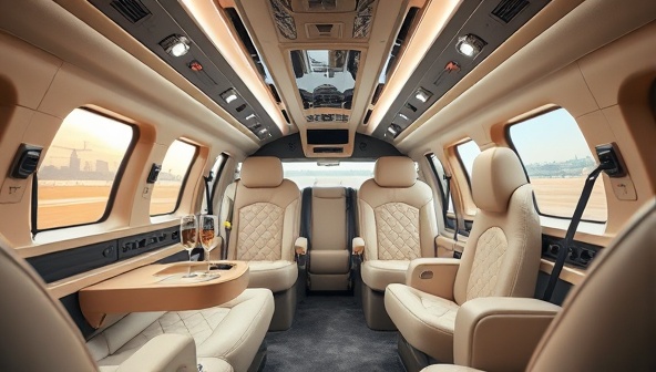 An image of a luxurious airport shuttle interior with plush seating, champagne glasses, and personalized concierge services, catering to upscale travelers seeking comfort and sophistication in their airport transfers, evoking a sense of exclusivity and premium service offered by SkyLux Shuttle.